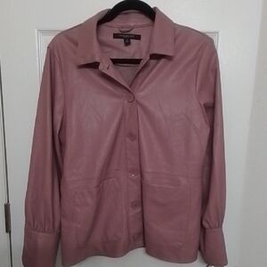 Andrew Marc New York Dusty Rose Leather Button Shacket Shirt Jacket Puff Sleeve